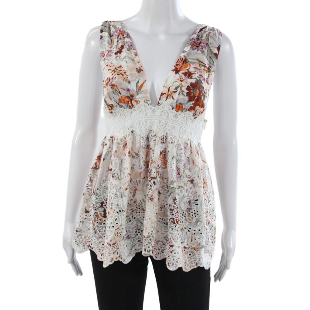 Zimmermann Womens White Floral V-Neck Sleeveless Blouse Linen Size 1